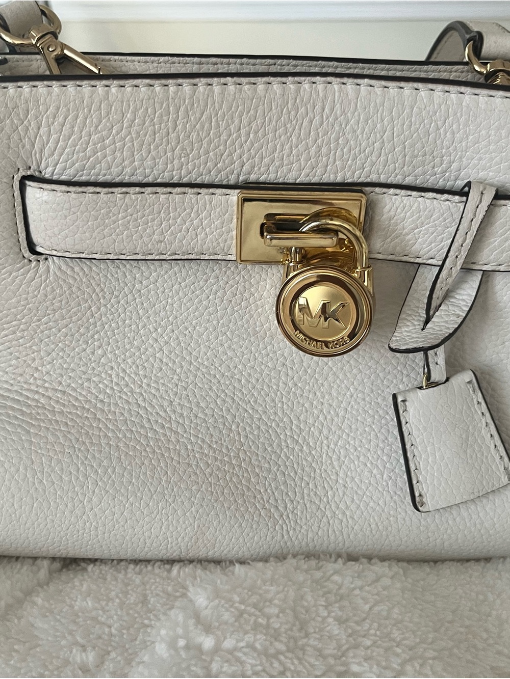 Michael Kors Ivory Pebbled Leather Satchel with Gold-Tone Lock